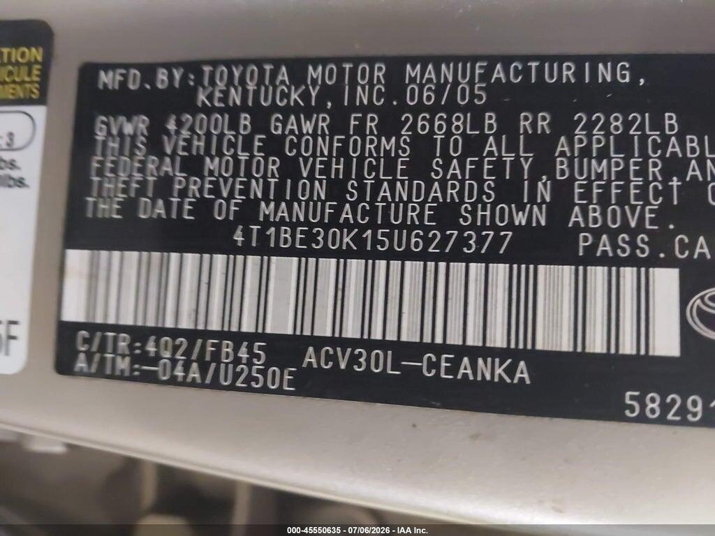 4T1BE30K15U627377 2005 TOYOTA CAMRY photo no. 9