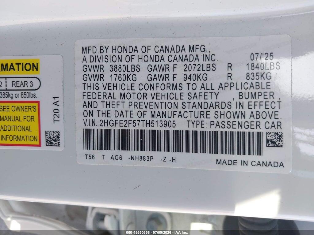 2HGFE2F57TH513905 2026 HONDA CIVIC photo no. 9