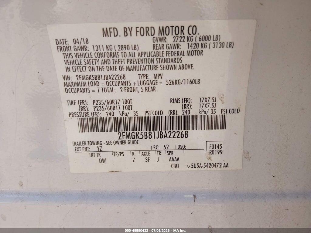 2FMGK5B81JBA22268 2018 FORD FLEX photo no. 9