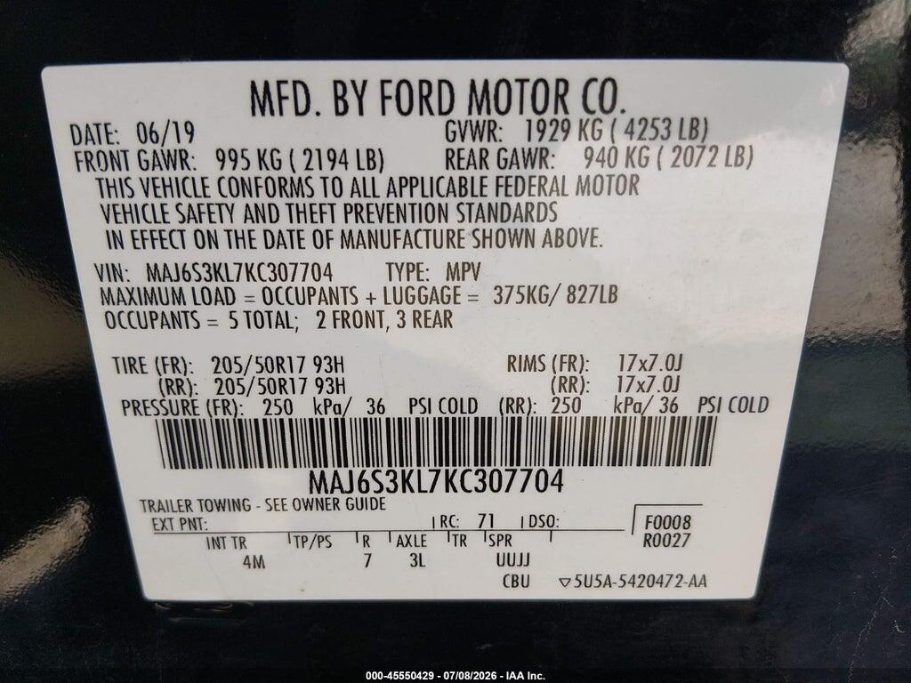 MAJ6S3KL7KC307704 2019 FORD ECOSPORT photo no. 9