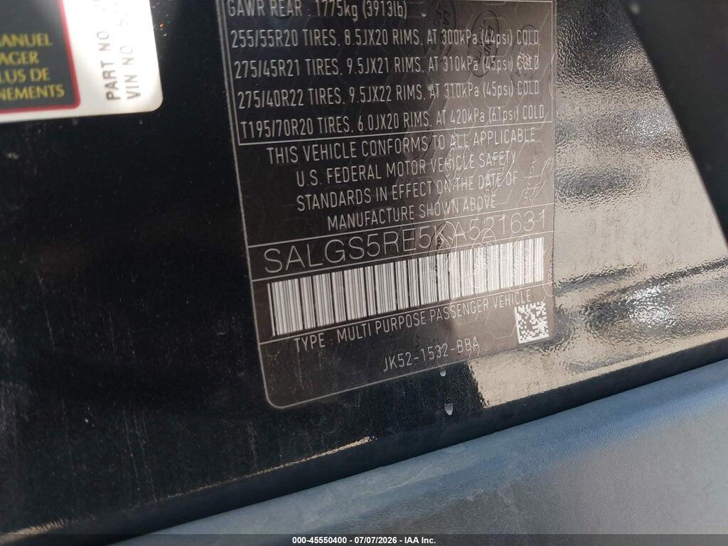 SALGS5RE5KA521631 2019 LAND ROVER RANGE ROVER photo no. 9