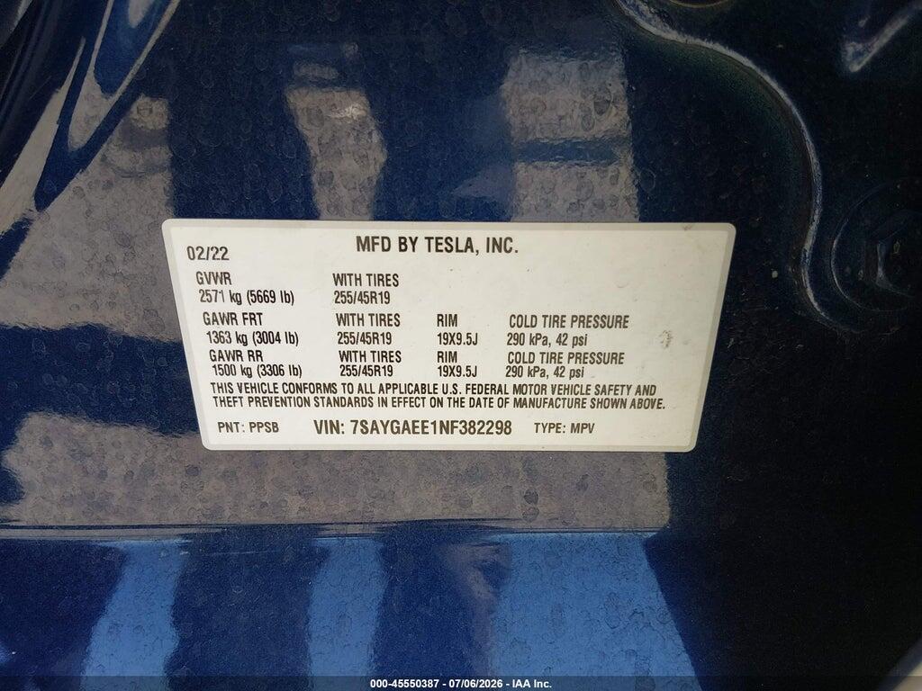 7SAYGAEE1NF382298 2022 TESLA MODEL Y photo no. 9