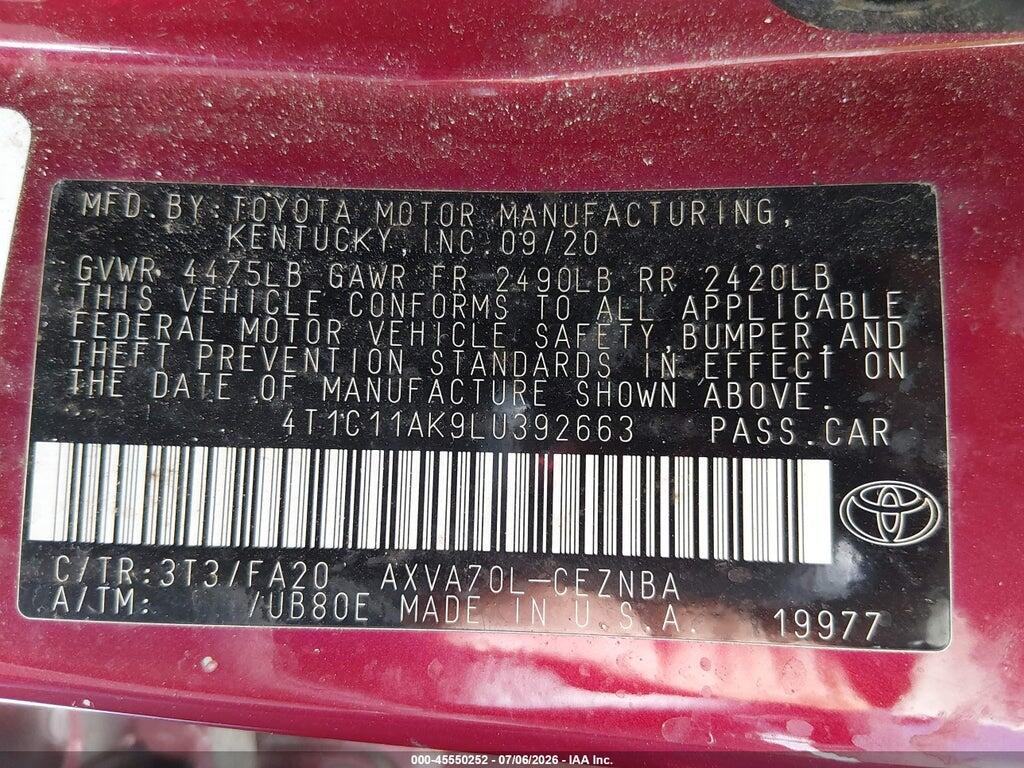 4T1C11AK9LU392663 2020 TOYOTA CAMRY photo no. 9