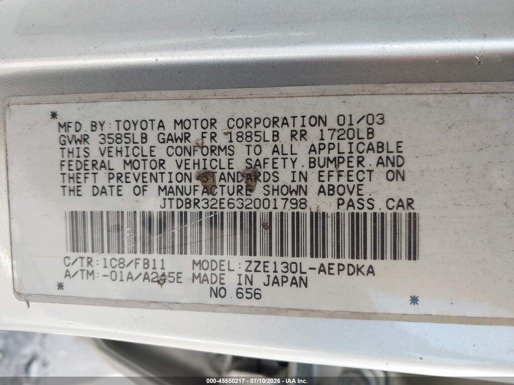 JTDBR32E632001798 2003 TOYOTA COROLLA photo no. 9