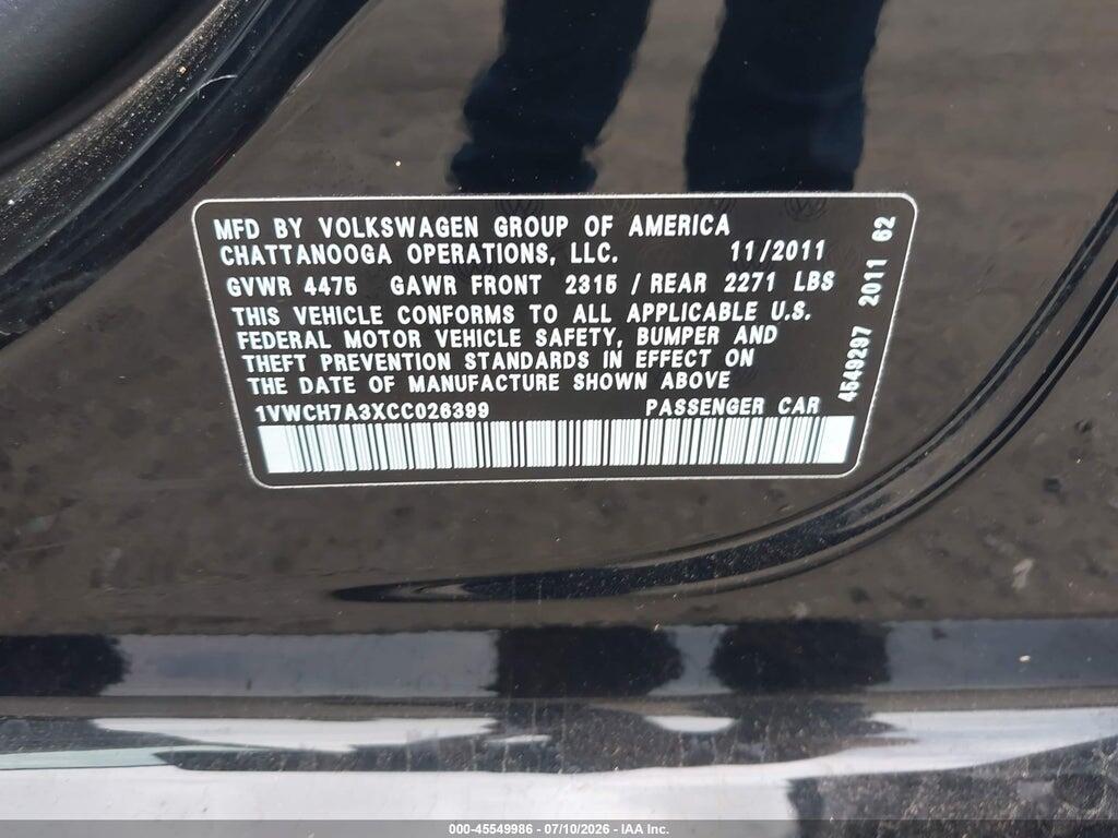 1VWCH7A3XCC026399 2012 VOLKSWAGEN PASSAT photo no. 9