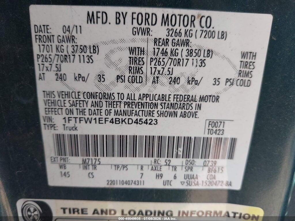 1FTFW1EF4BKD45423 2011 FORD F-150 photo no. 9