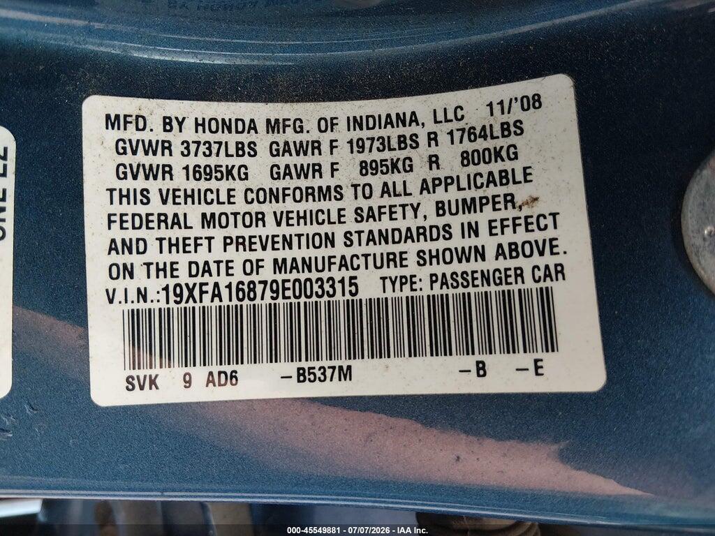 19XFA16879E003315 2009 HONDA CIVIC photo no. 9