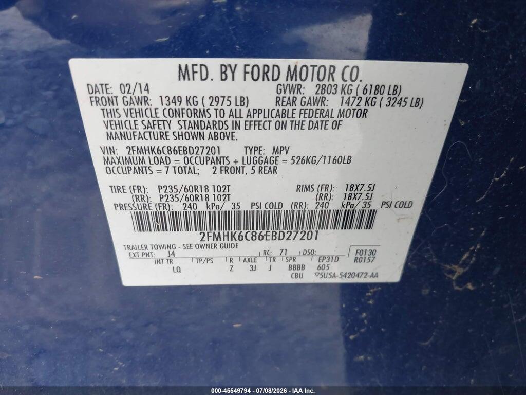 2FMHK6C86EBD27201 2014 FORD FLEX photo no. 9