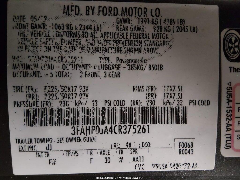 3FAHP0JA4CR375261 2012 FORD FUSION photo no. 9