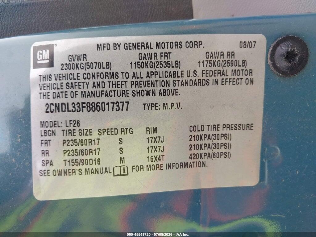 2CNDL33F886017377 2008 CHEVROLET EQUINOX photo no. 9
