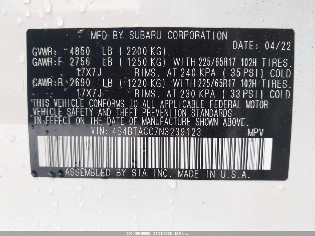 4S4BTACC7N3239123 2022 SUBARU OUTBACK photo no. 9