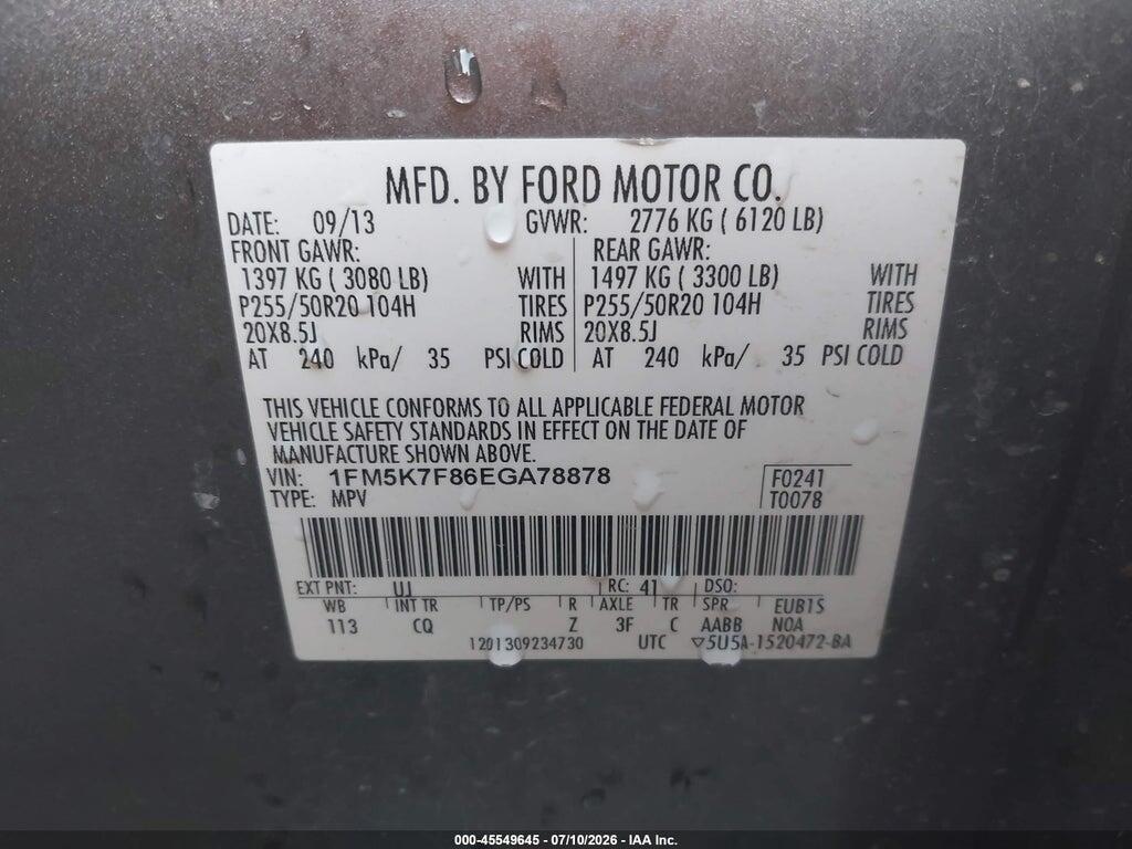 1FM5K7F86EGA78878 2014 FORD EXPLORER photo no. 9