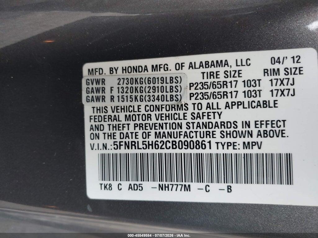 5FNRL5H62CB090861 2012 HONDA ODYSSEY photo no. 9