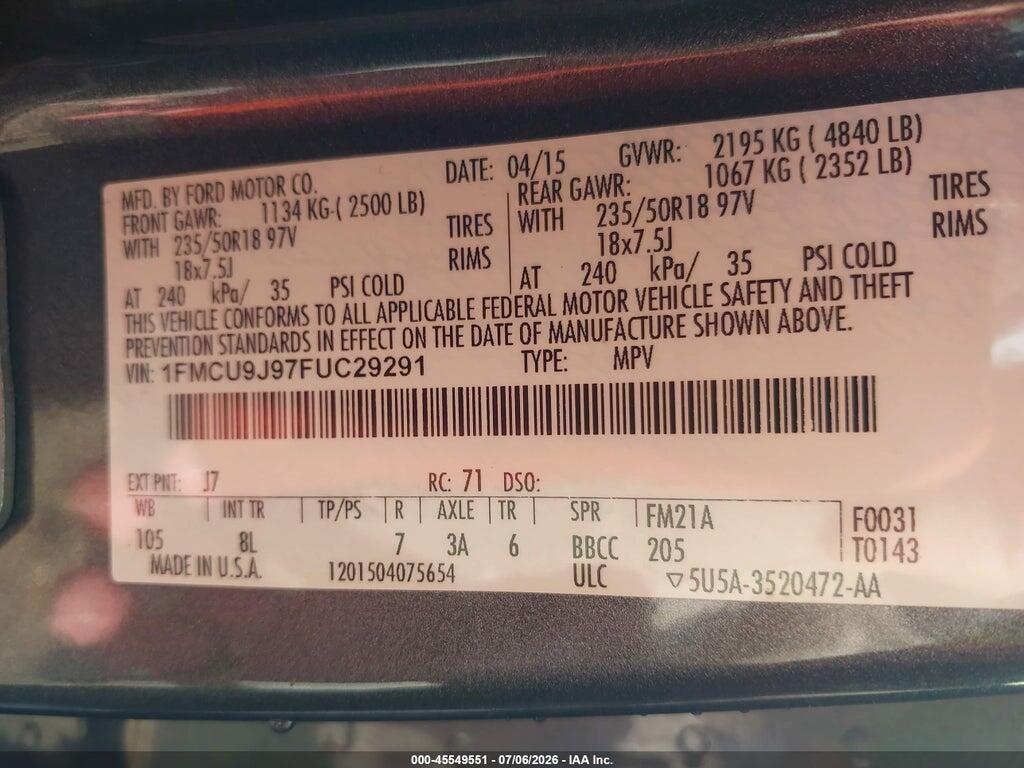 1FMCU9J97FUC29291 2015 FORD ESCAPE photo no. 9