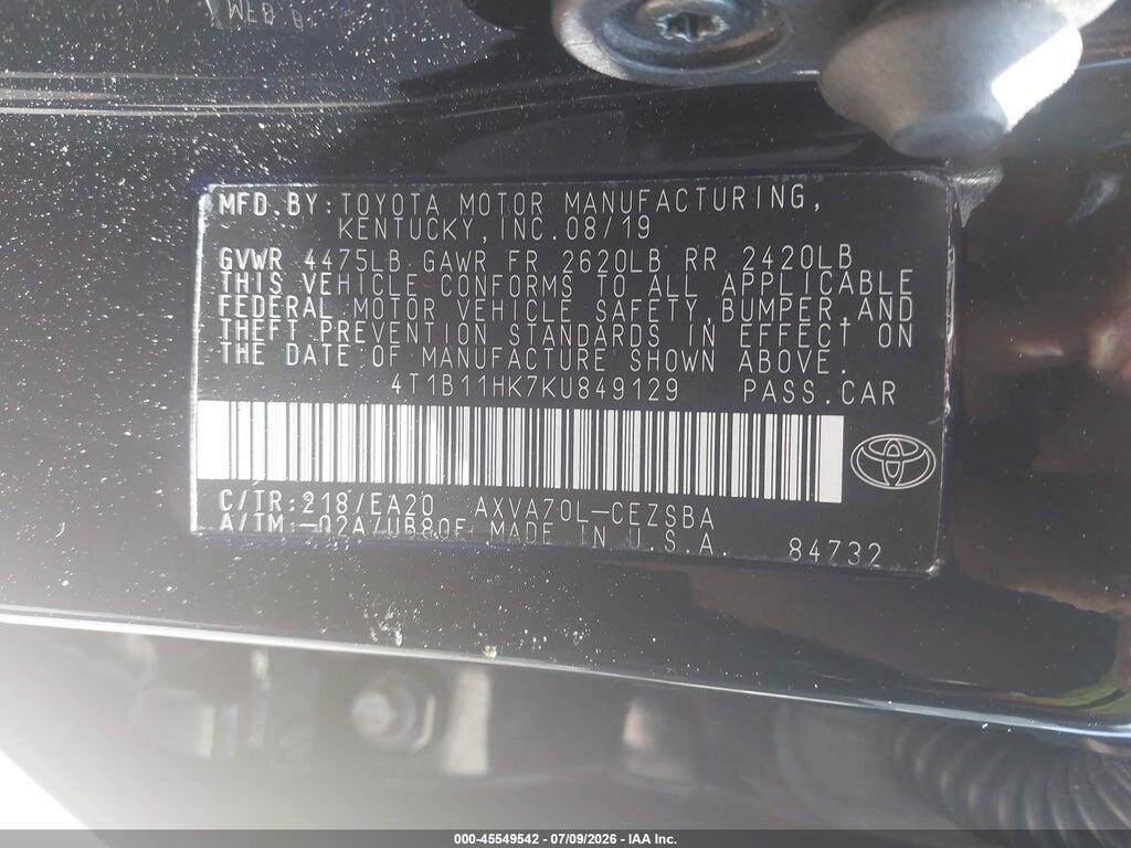 4T1B11HK7KU849129 2019 TOYOTA CAMRY photo no. 9