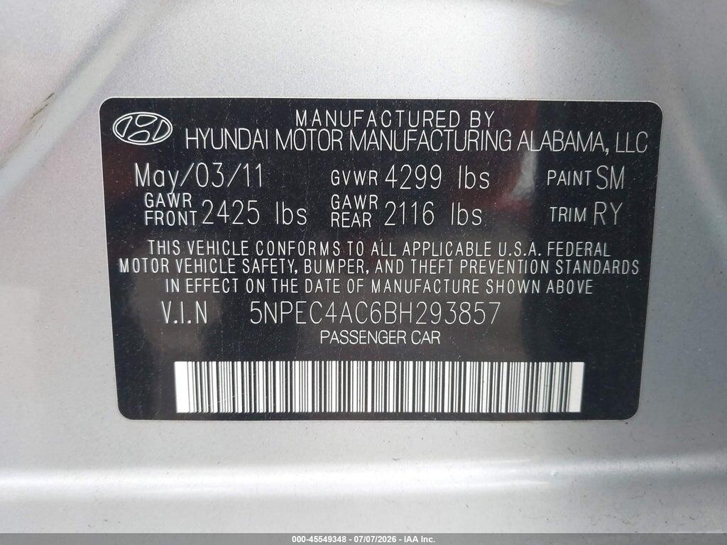 5NPEC4AC6BH293857 2011 HYUNDAI SONATA photo no. 9