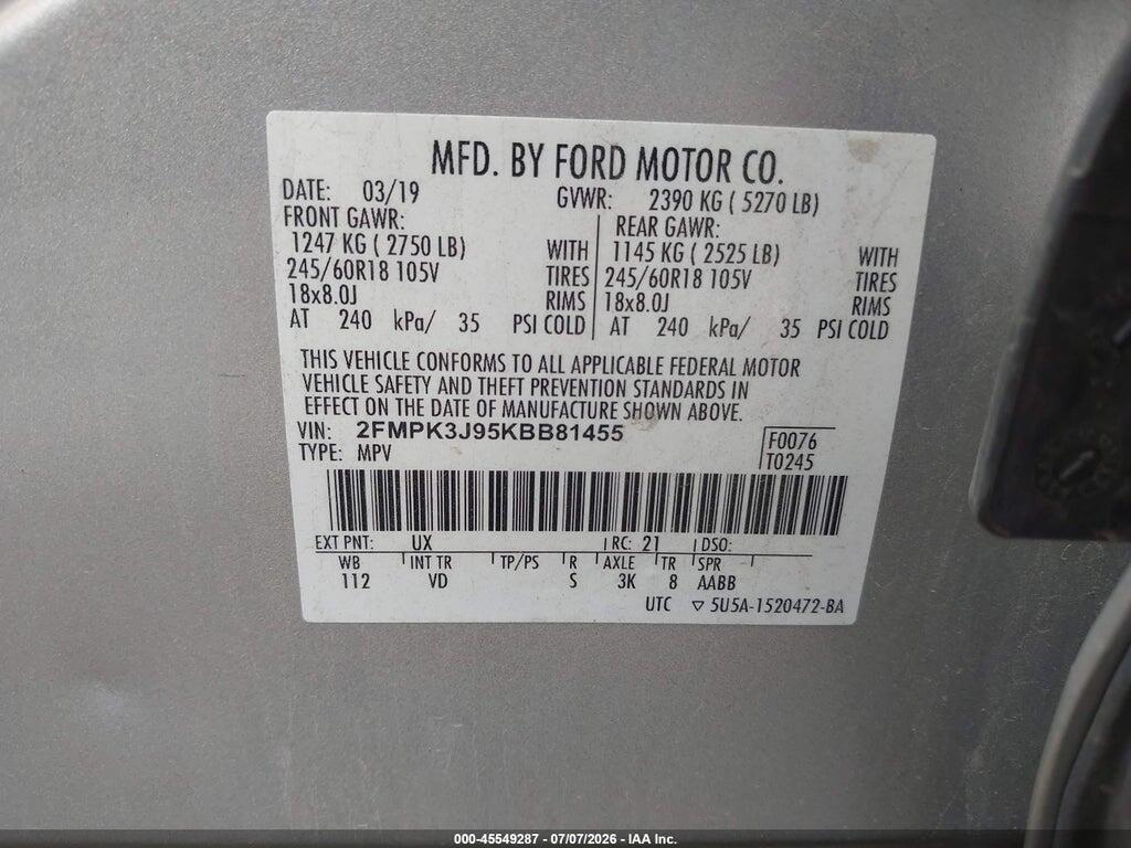 2FMPK3J95KBB81455 2019 FORD EDGE photo no. 9