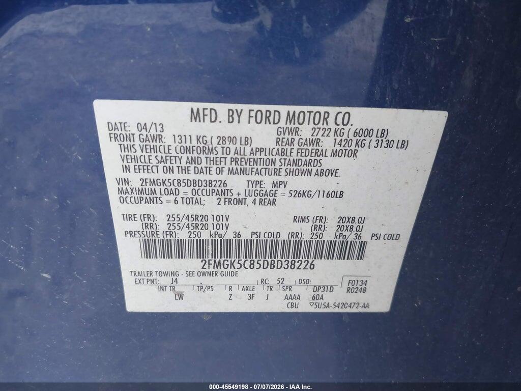 2FMGK5C85DBD38226 2013 FORD FLEX photo no. 9