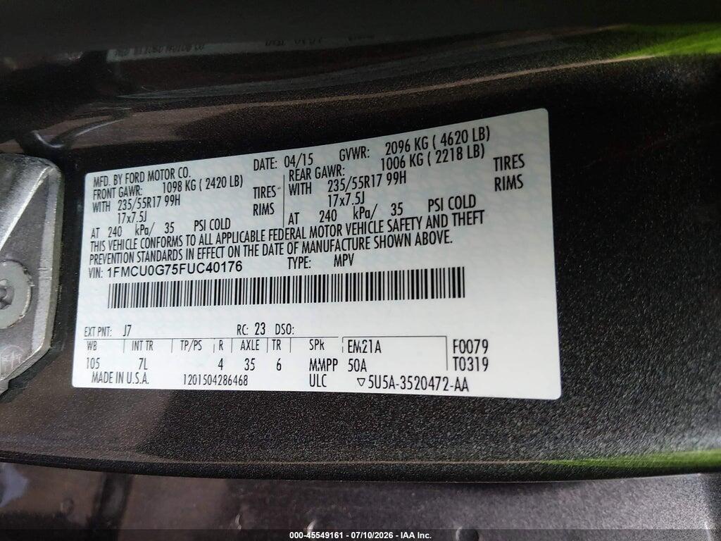 1FMCU0G75FUC40176 2015 FORD ESCAPE photo no. 9