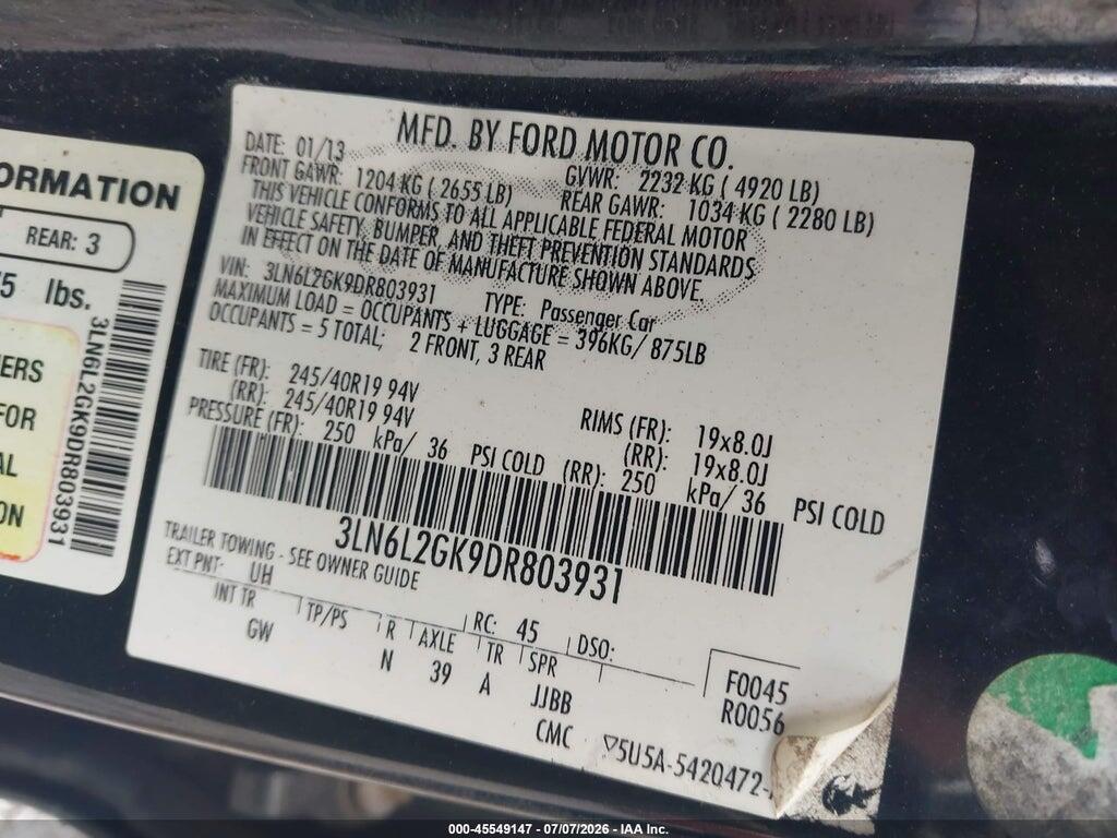 3LN6L2GK9DR803931 2013 LINCOLN MKZ photo no. 9