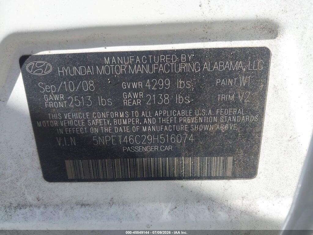 5NPET46C29H516074 2009 HYUNDAI SONATA photo no. 9
