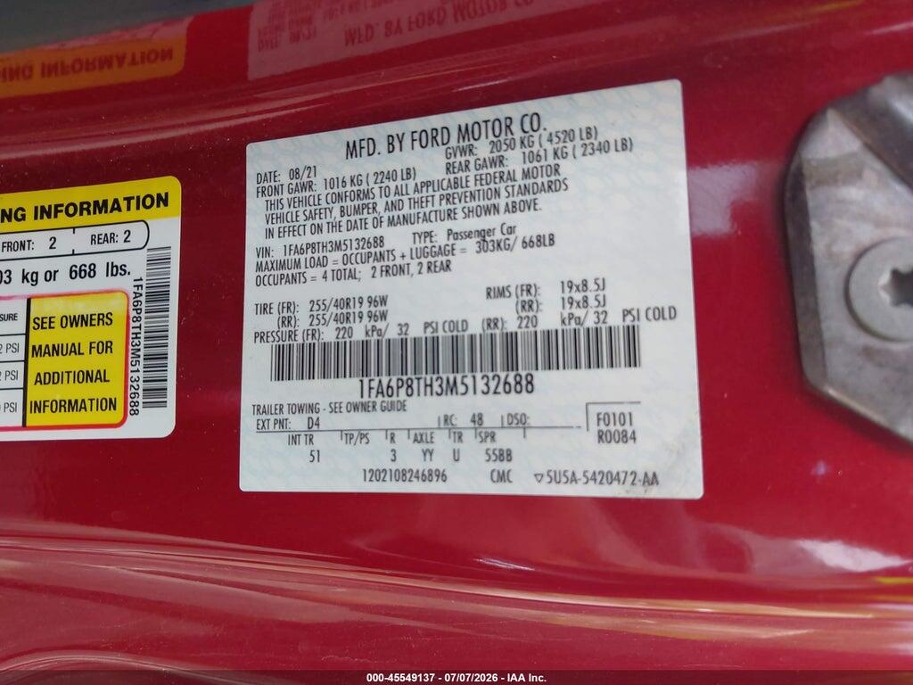 1FA6P8TH3M5132688 2021 FORD MUSTANG photo no. 9