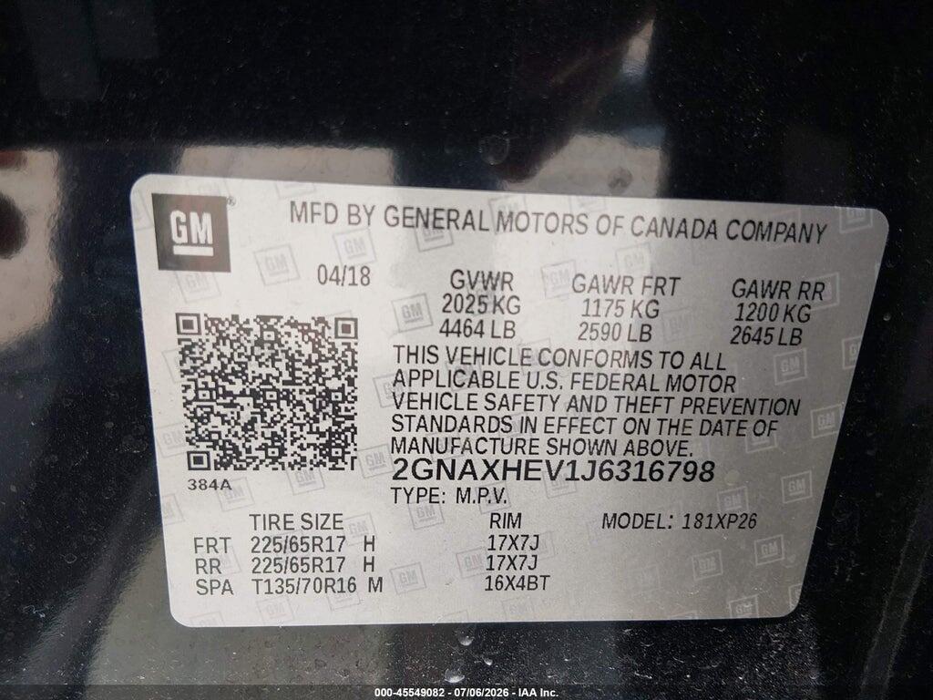 2GNAXHEV1J6316798 2018 CHEVROLET EQUINOX photo no. 9