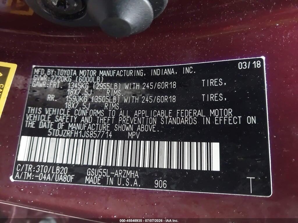 5TDJZRFH1JS857714 2018 TOYOTA HIGHLANDER photo no. 9