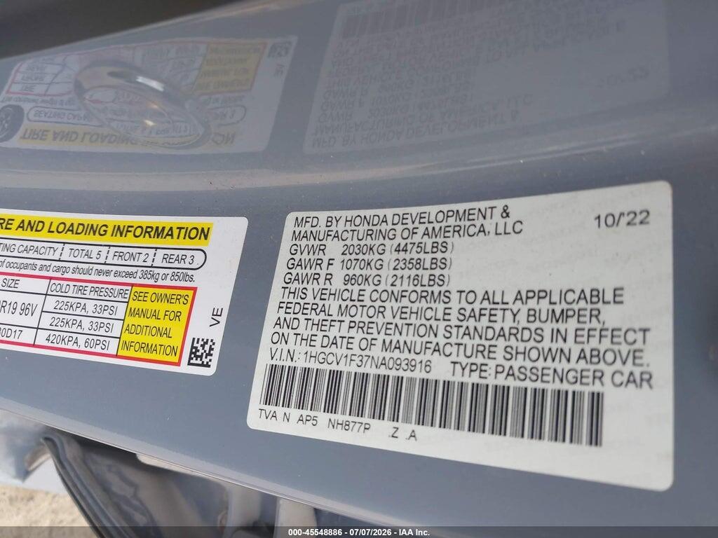 1HGCV1F37NA093916 2022 HONDA ACCORD photo no. 9