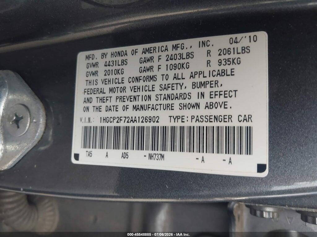 1HGCP2F72AA126902 2010 HONDA ACCORD photo no. 9