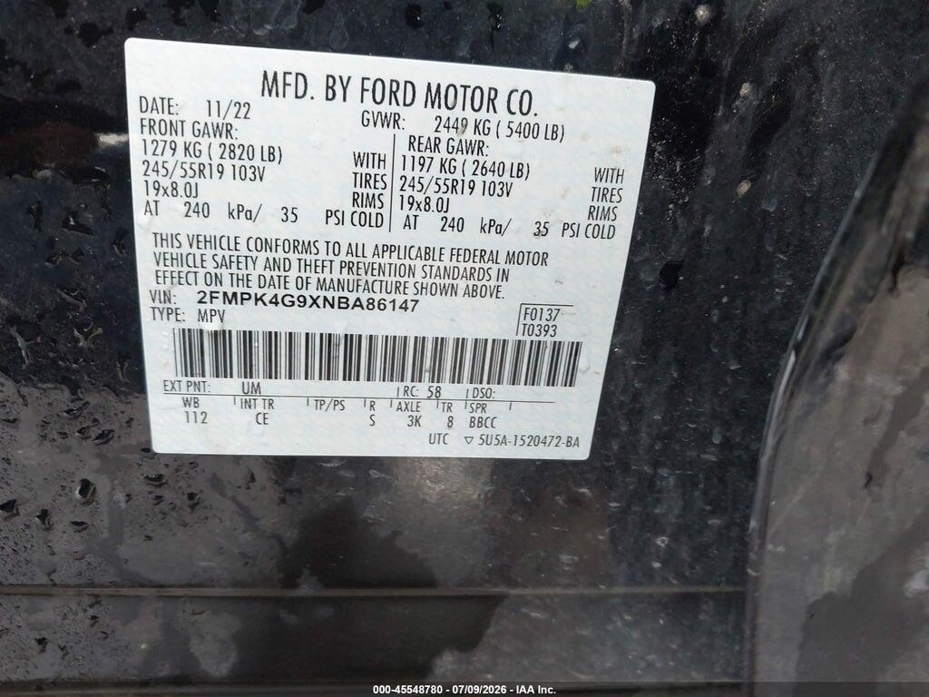 2FMPK4G9XNBA86147 2022 FORD EDGE photo no. 9
