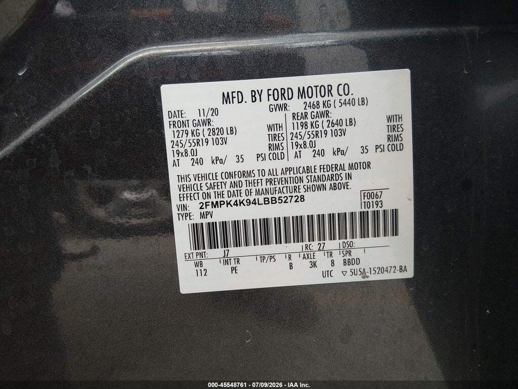 2FMPK4K94LBB52728 2020 FORD EDGE photo no. 9