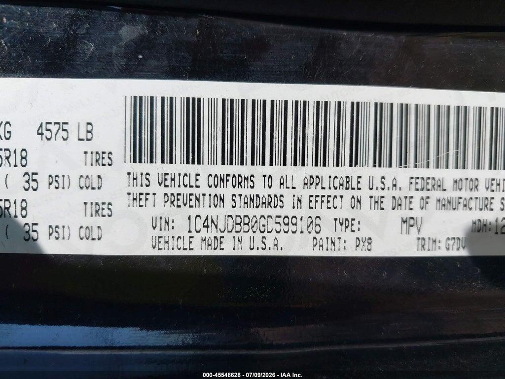 1C4NJDBB0GD599106 2016 JEEP COMPASS photo no. 9