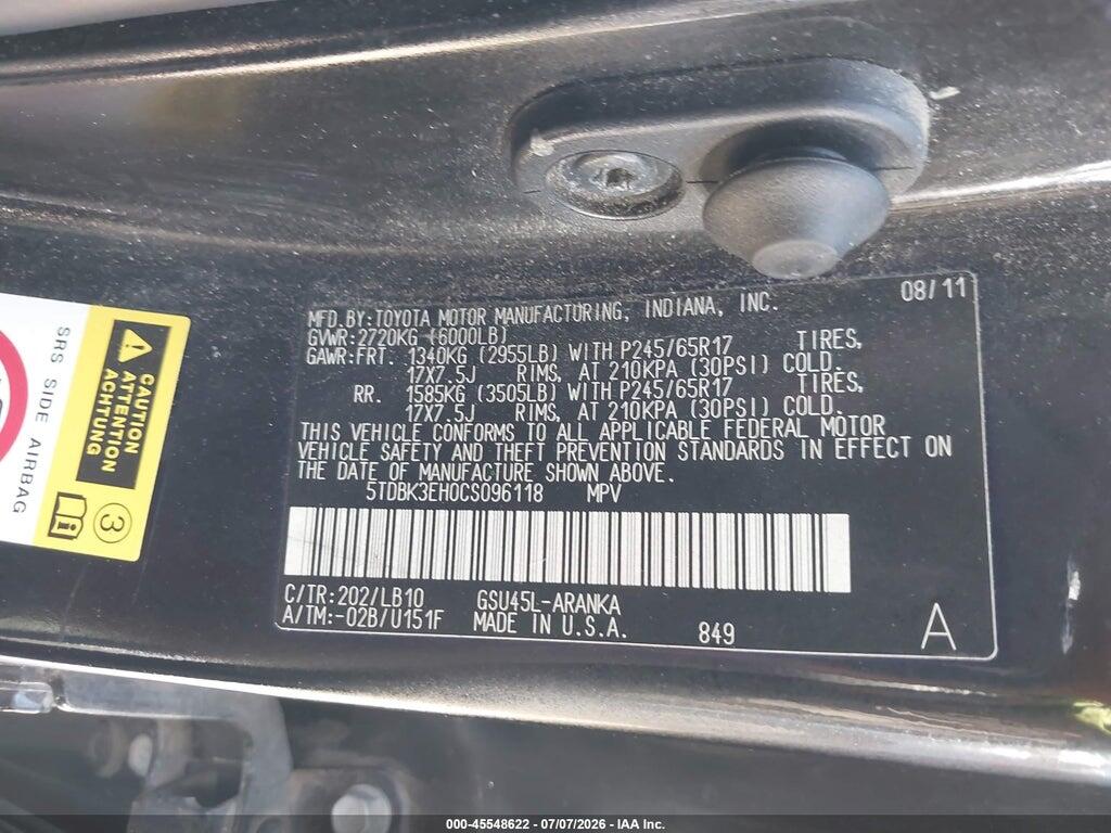 5TDBK3EH0CS096118 2012 TOYOTA HIGHLANDER photo no. 9