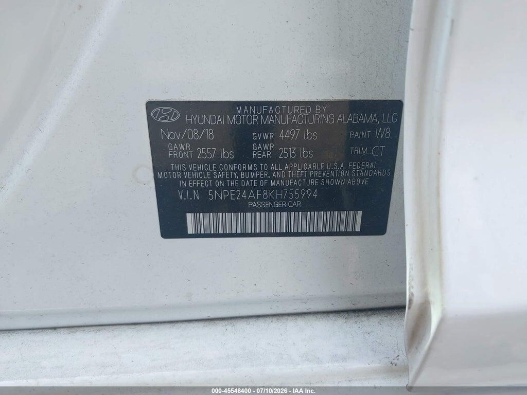5NPE24AF8KH755994 2019 HYUNDAI SONATA photo no. 9