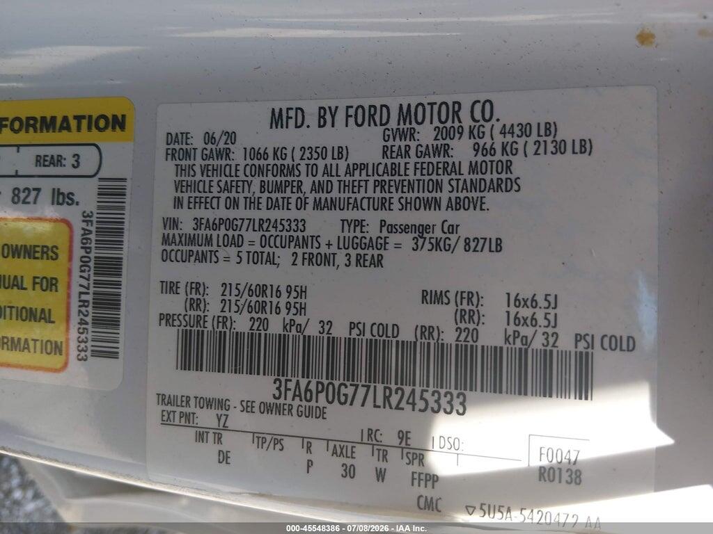 3FA6P0G77LR245333 2020 FORD FUSION photo no. 9