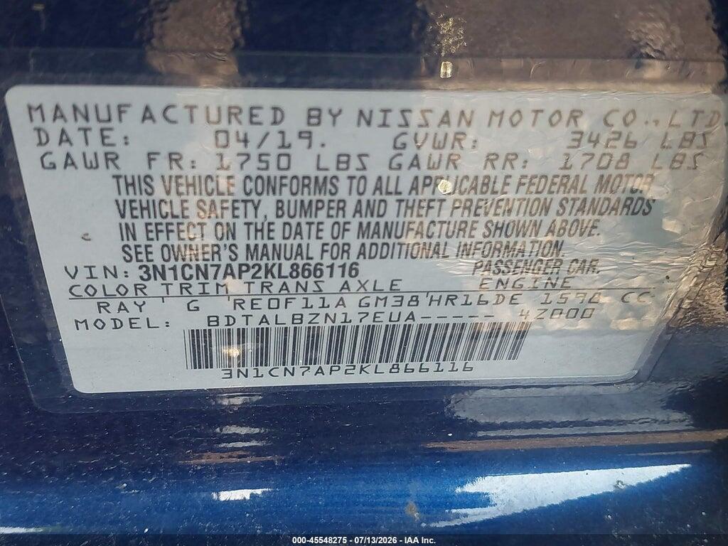 3N1CN7AP2KL866116 2019 NISSAN VERSA photo no. 9