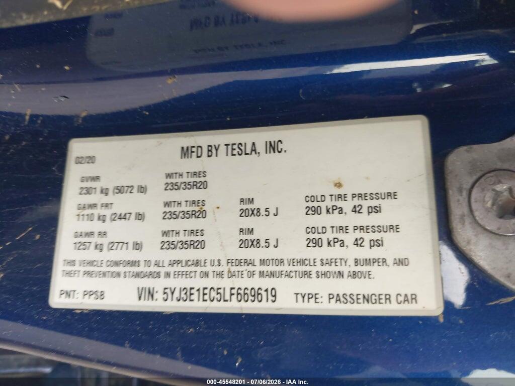 5YJ3E1EC5LF669619 2020 TESLA MODEL 3 photo no. 9