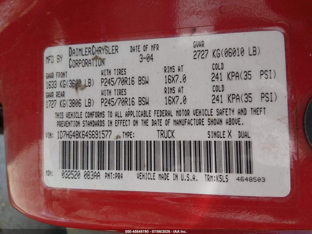 1D7HG48K64S691577 2004 DODGE DAKOTA photo no. 9