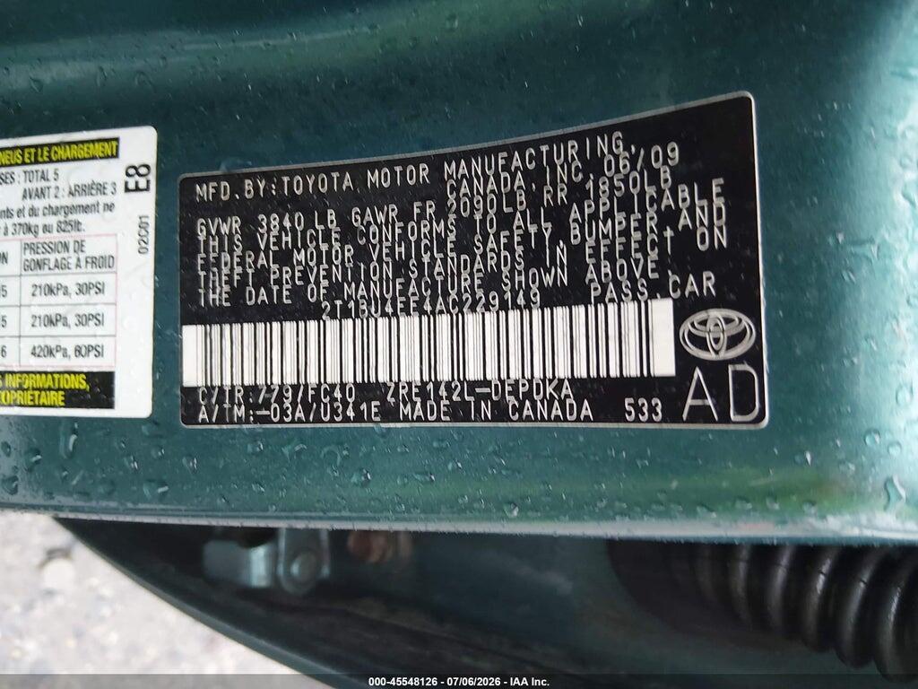 2T1BU4EE4AC229149 2010 TOYOTA COROLLA photo no. 9