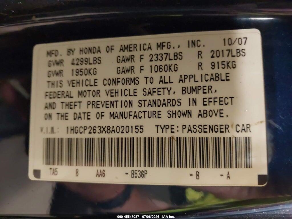 1HGCP263X8A020155 2008 HONDA ACCORD photo no. 9
