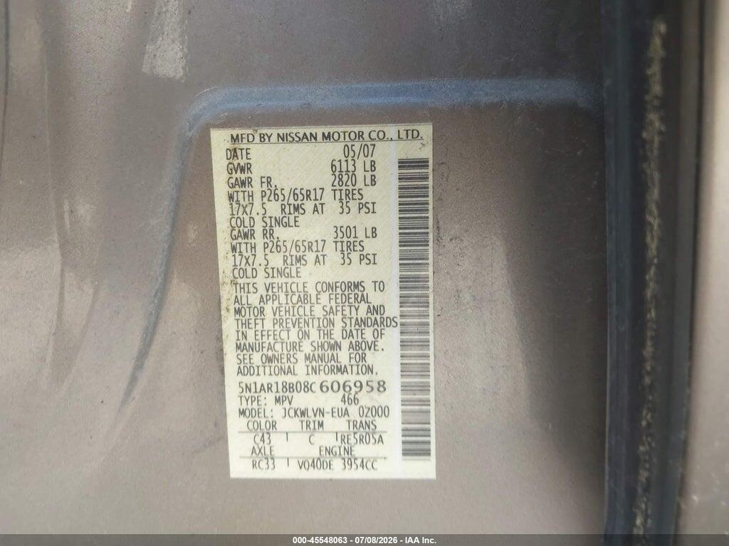 5N1AR18B08C606958 2008 NISSAN PATHFINDER photo no. 9