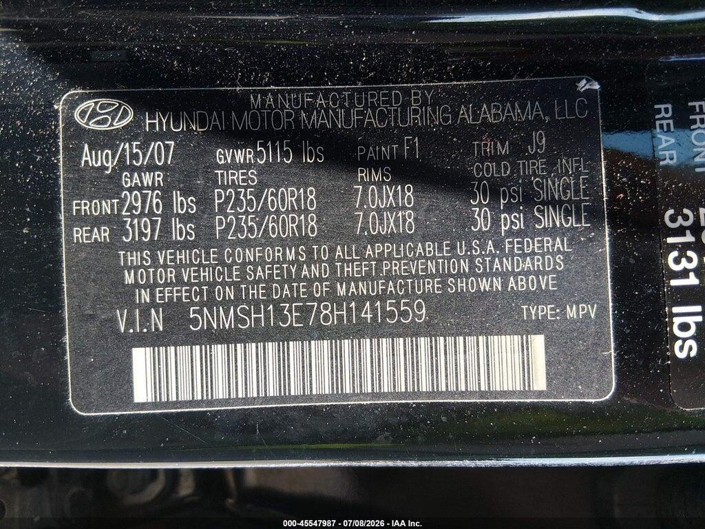 5NMSH13E78H141559 2008 HYUNDAI SANTA FE photo no. 9