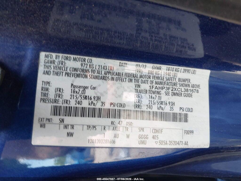 1FAHP3F2XCL381678 2012 FORD FOCUS photo no. 9