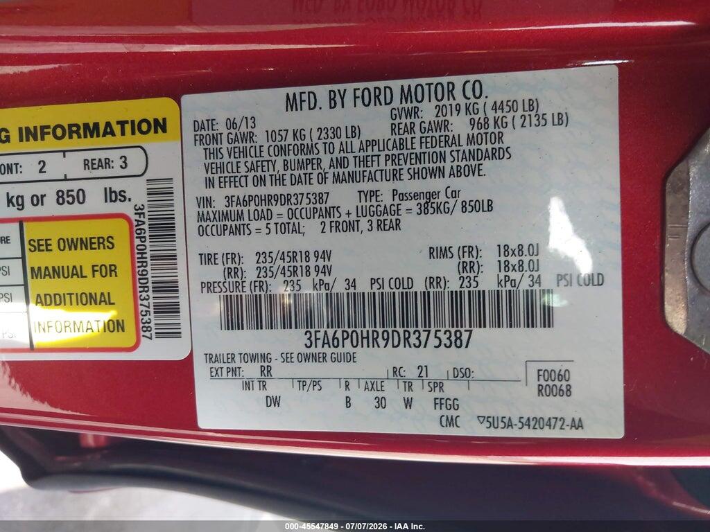 3FA6P0HR9DR375387 2013 FORD FUSION photo no. 9