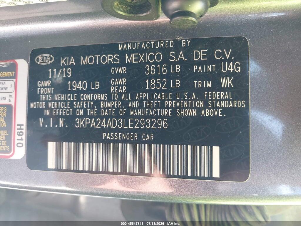 3KPA24AD3LE293296 2020 KIA RIO photo no. 9