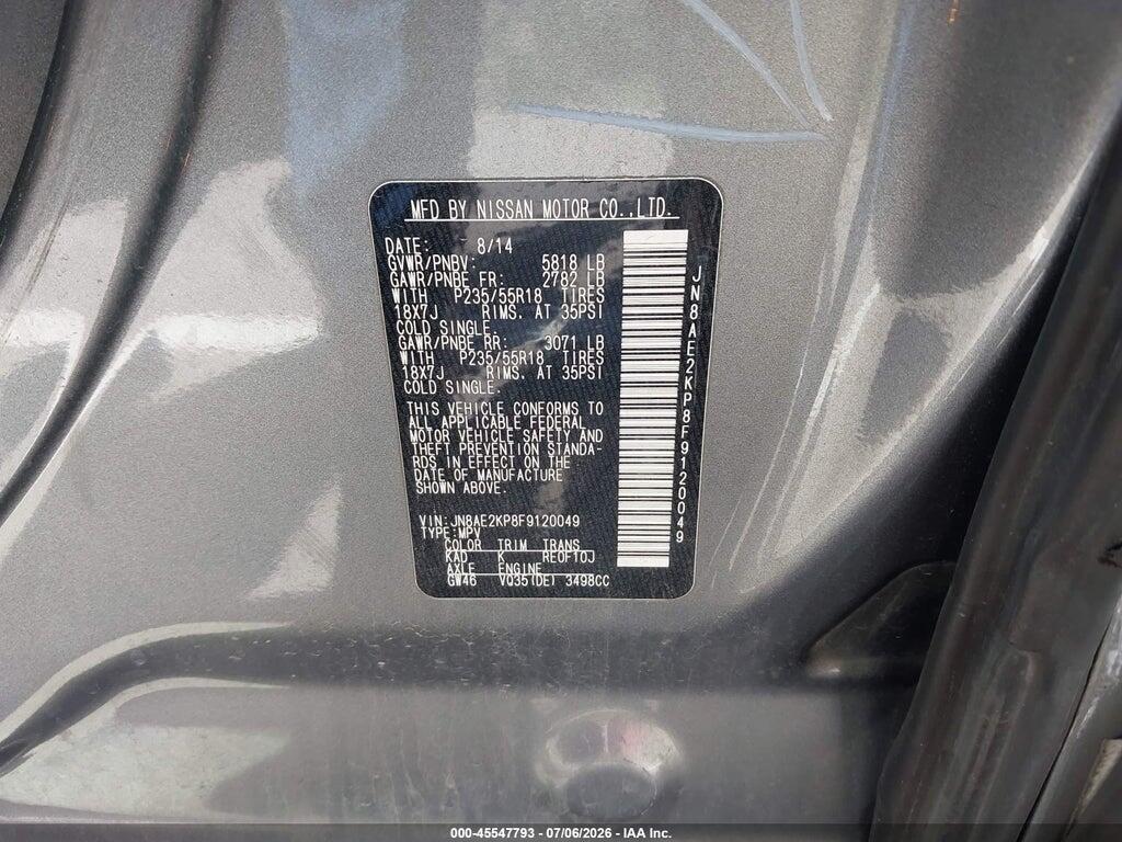 JN8AE2KP8F9120049 2015 NISSAN QUEST photo no. 9