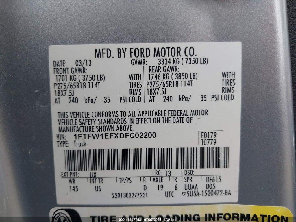 1FTFW1EFXDFC02200 2013 FORD F-150 photo no. 9