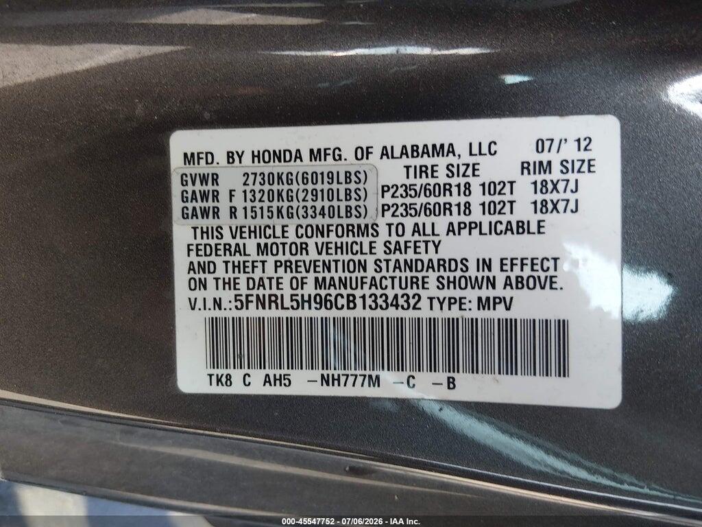 5FNRL5H96CB133432 2012 HONDA ODYSSEY photo no. 9