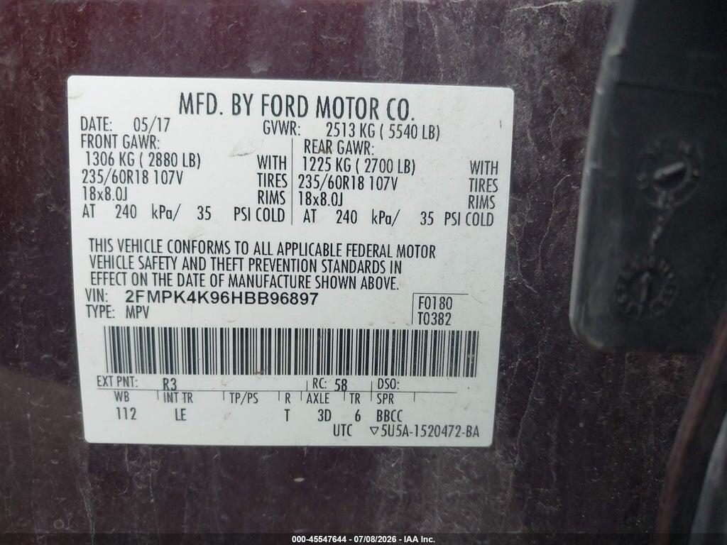 2FMPK4K96HBB96897 2017 FORD EDGE photo no. 9